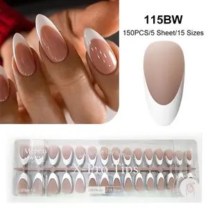 150/160pcs French Gel Press-On Nail Tips Set, Pink, Brown and White Splicing Fake Nails, Salon Quality Nails, 5 Sheets/15 Sizes for DIY Manicure, Perfect for Party and Daily Use, Fake Nail Kit