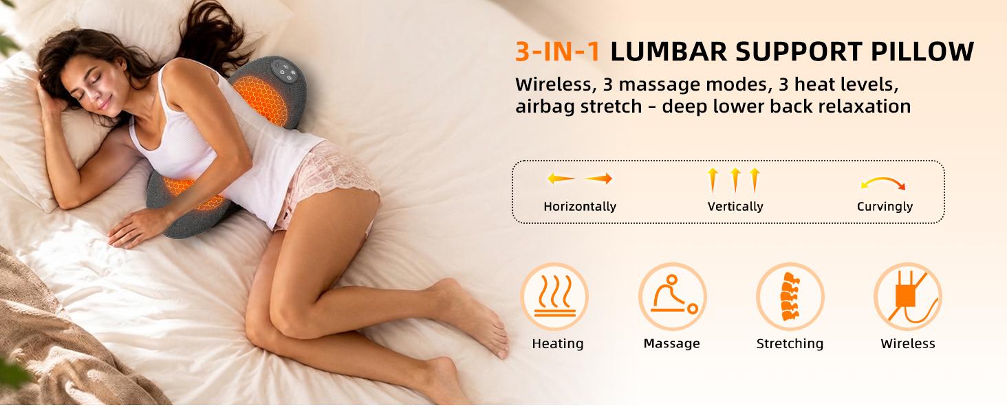 Cordless Heated Lumbar Support Pillow Massage Device - Rechargeable Memory Foam Back Massager with Airbag Spine Align, Vibration Massage, 3 Heat Levels, Removable, Adjustable, Compact Size Fits Office, Car, Sofa