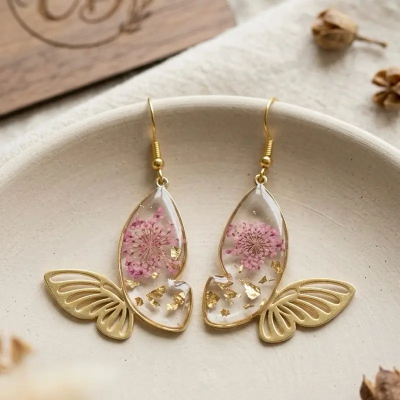 Statement Butterfly Resin Earrings with Dried Flowers