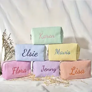 Custom Embroidered Striped Travel Toiletry Bag, Personalized Cosmetic Organizer, Zippered Makeup Pouch, Portable Polyester Storage Case