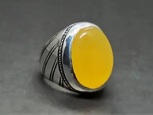 Natural Yellow Agate Turkish Ring For Men Handmade Yemeni Zard Aqeeq Sterling Silver 925 Jewelry