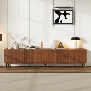 87-Inch Modern Media Console - 4 Cabinets, Solid Wood Legs, Vertical Groove Panel, Fits TVs Up to 90 Inches - TV Stand Living Room, Apartment Furniture, Furniture for Apartment