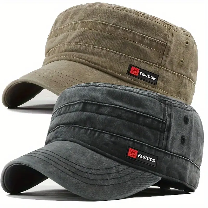 2-Pack Retro Flat Top Mens Hats, Unisex Washed Military Style Caps, Adjustable & Lightweight for Outdoor Sports