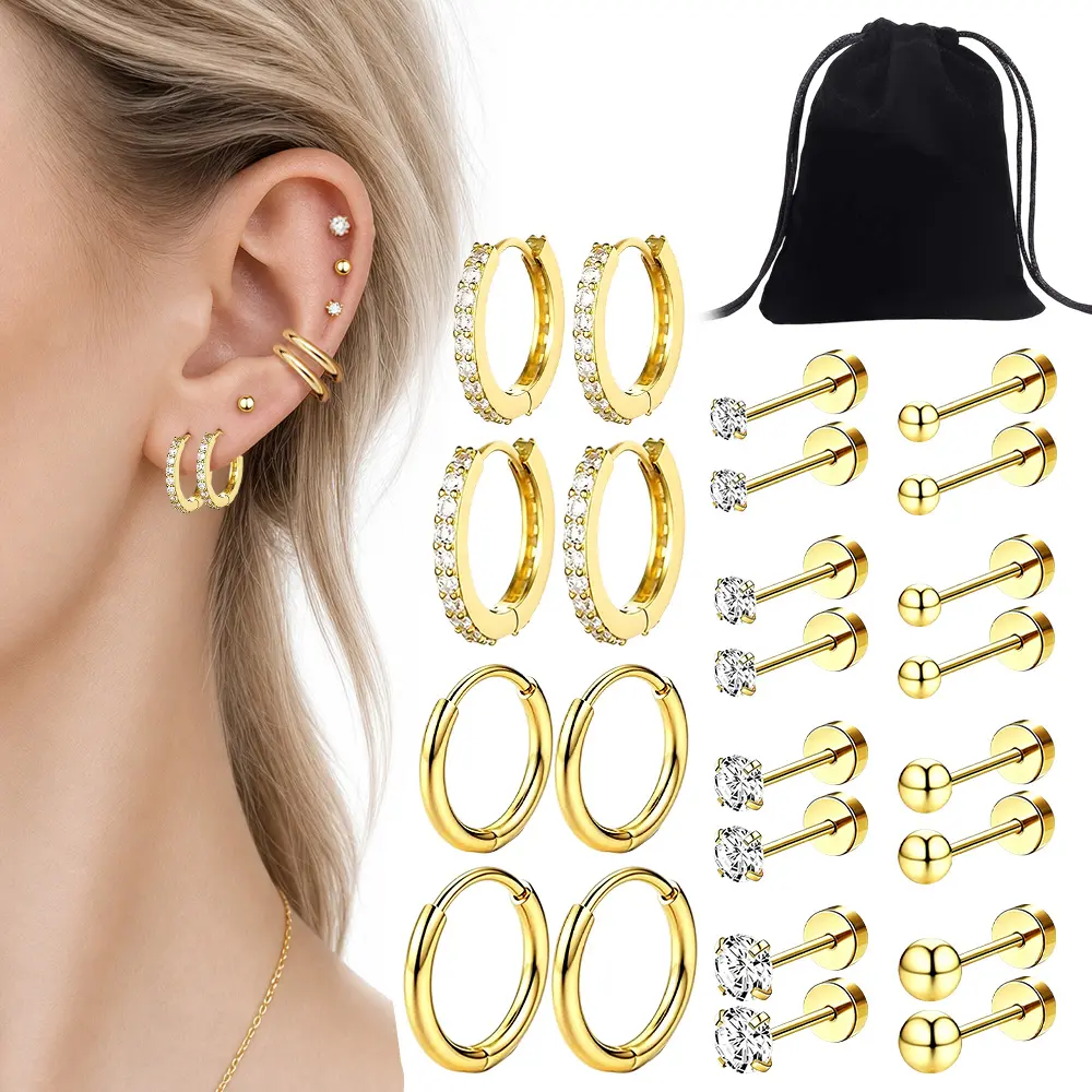 12Pairs set of gold anti allergic stainless steel earrings and cartilage earrings, Ideal Jewelry Gift for Her