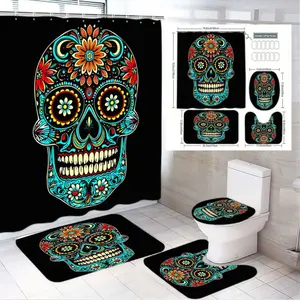 1/4pcs Day of the Dead Sugar Skull Bathroom Set, Bathroom Decoration Accessories, Shower Curtain Sets - Black Shower Curtain with Sugar Skull (Turquoise) + 2 Bath Mats + Toilet Seat Cover, Floral Sugar Skull Decor for Bathroom, Halloween