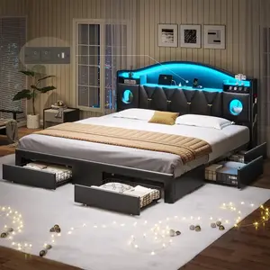 California King Bed Frames, Cal King Bed Frame with Storage Headboard & 6 Drawers, Platform Bed with with LED Lights & Charging