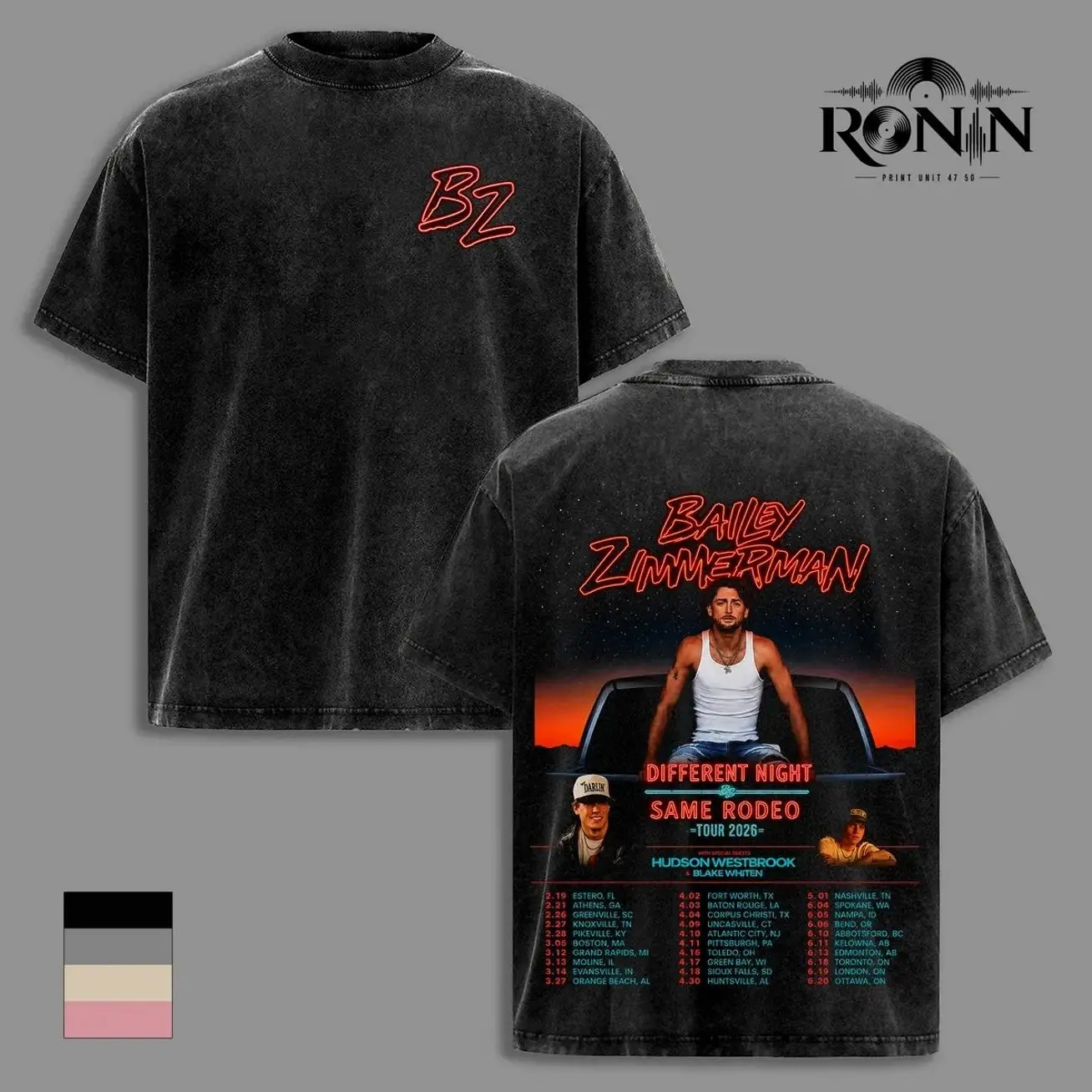 Bailey Zimmerman Different Night Same Rodeo Tour 2026 T Shirt Vintage Washed Country Music Graphic Tee Double Sided Heavyweight Cotton Oversized Unisex Apparel FI1