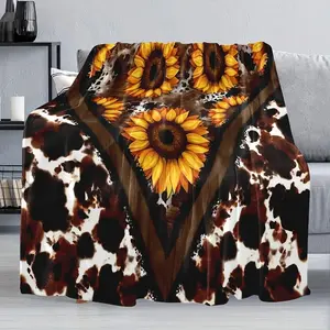 Sunflower Cow Print Flannel Blanket, Rustic Farmhouse Style Soft Cozy Throw for Couch Bed Home Decor, All Season Use