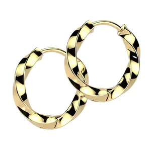 Gold PVD Twisted Hoop Stainless Steel Hinged Earrings