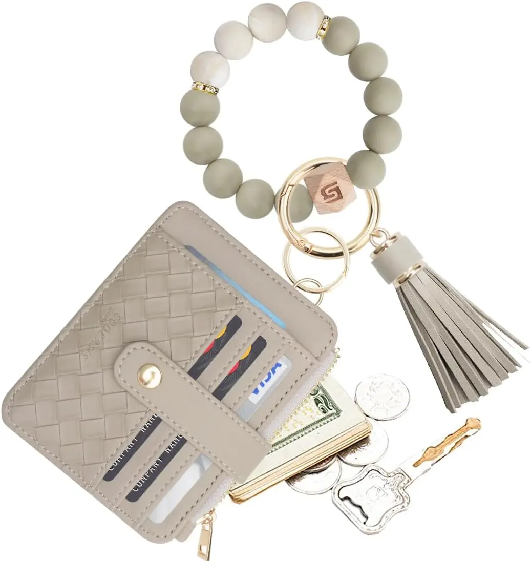 Silicone Bracelet Wristlet Wallet Credit Card Holder RFID,ID Window,Key Ring Tassel,Slim Wallet Women Keychain Purse