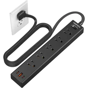 Flat Plug Strip, 6 Ft Thin Extension Cord, Protector with 5 Outlets & 3 USB Ports (2 USB C), 1700 Joules, Wall, Desktop Charging Station for Home Office Dorm, Black
