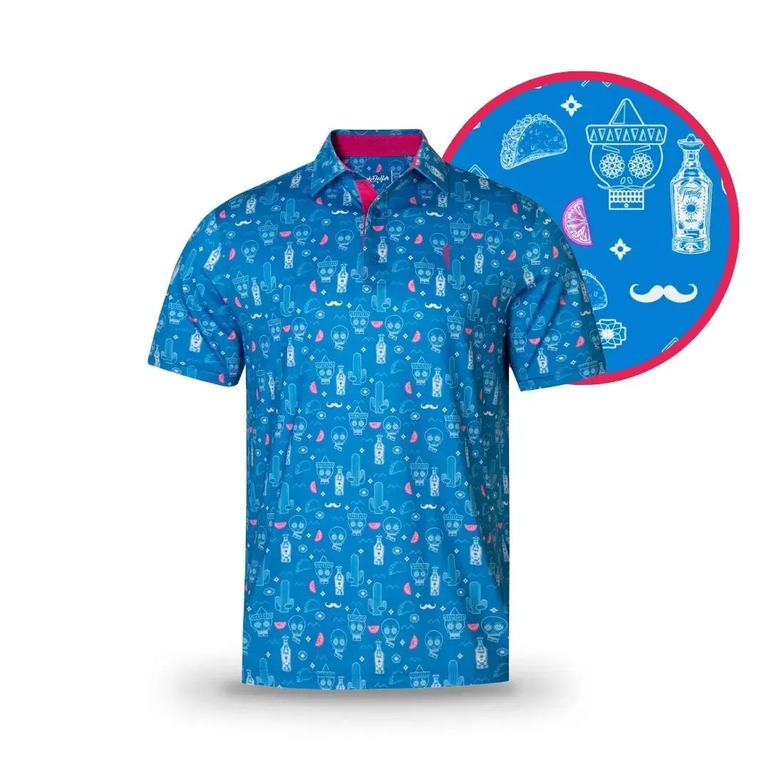GRUNK DOLFER Men's Fitted Short-Sleeve Polo Shirt - Blue Tequila Cartoon Print, Biker Menswear, Summer Party Funny Golf Shirts, Fitted Polo Shirts