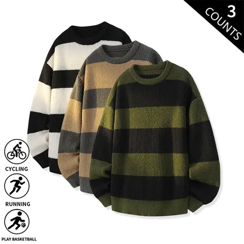 3-Pack Men’s Striped Crew Neck Sweaters, Thick Knit, Loose Oversized Fit, Keeps You Warm for Fall/Winter, Ideal for Daily Wear, Cycling, Basketball, and Streetwear