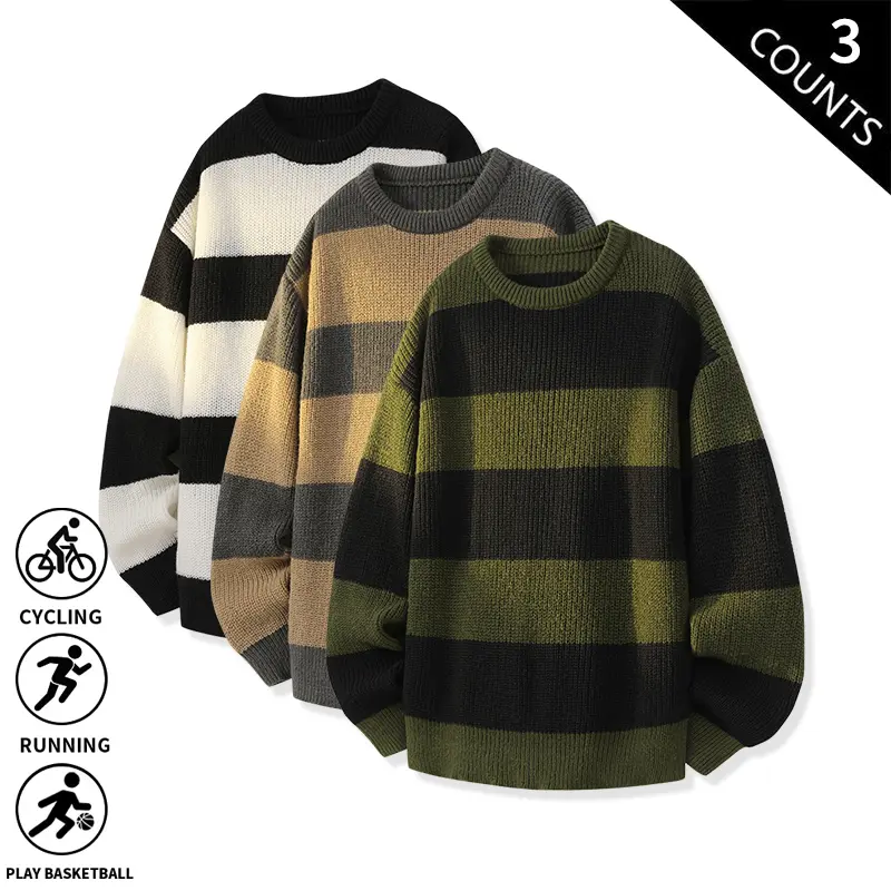 3-Pack Men’s Striped Crew Neck Sweaters, Thick Knit, Loose Oversized Fit, Keeps You Warm for Fall/Winter, Ideal for Daily Wear, Cycling, Basketball, and Streetwear