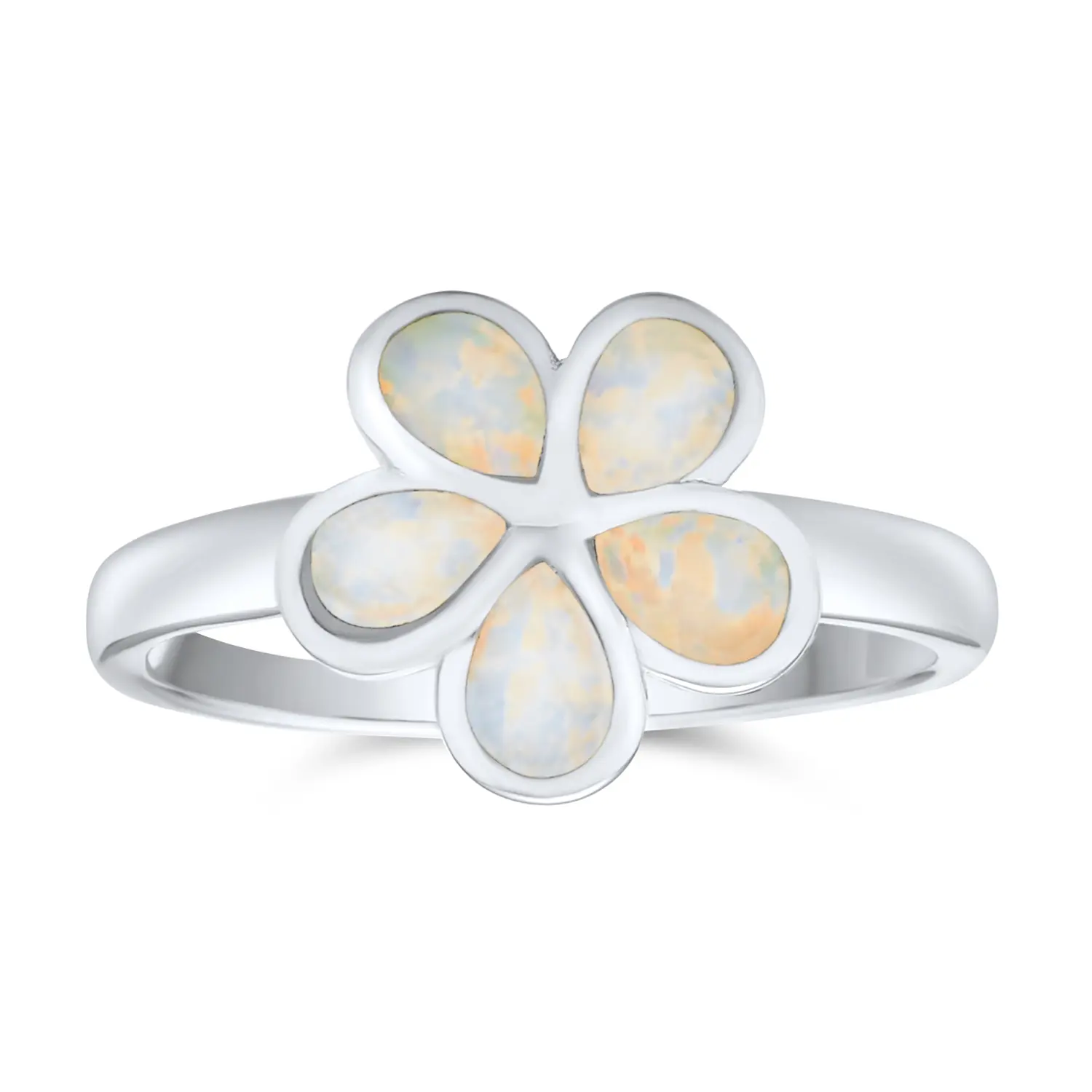 Silver Ring with White Created Opal Plumeria Flower Sterling October Birthstone