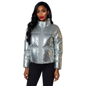Forever 21 Women’s XS Silver Metallic Puffer Jacket Foil Quilted Short Coat