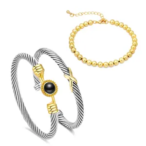 Mytys Viral 3-Piece Fashion Jewelry Set – Twisted Cuff Bracelets with Black Stone Accent & Gold Beaded Bracelet, Must-Have Accessory Perfect for Daily Wear, Parties & Gifting to Elevate Stylish Vibe