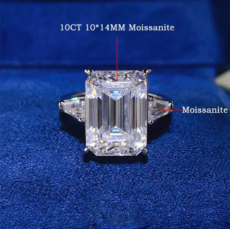 5CT 10CT Emerald Cut Moissanite Rings for Women 925 Sterling Silver Baguette 3-Stone Diamond Engagement Wedding Band Jewelry GRA