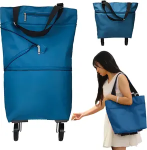 Collapsible Shopping Cart with 360° Swivel Wheels, Portable Folding Trolle-y Grocery Bag, Reusable Foldable Tote Grocery Cart Large Capacity Used for Travel and Home(Lake Blue)