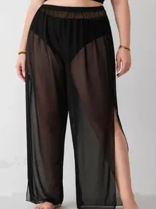 【Plus Size】 Solid Casual Loose Split Hem Sheer Tulle Cover Up Pants without Panty, Casual Comfy Breathable Cover Up Pants for Beach Holiday Vacation, Women's Swimwear Bottoms for All Seasons