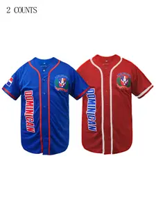 Men's Dominican Flag Embroidered Baseball Shirt Short Sleeve V Neck Button Baseball Jersey,Comfortable Training & Match Wear, Unisex Sporty Style