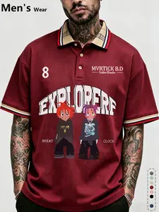 American Cartoon Character Print Polo Shirt, Breathable Casual Daily Wear, Loose-Fitting Preppy Style, Random Print Design