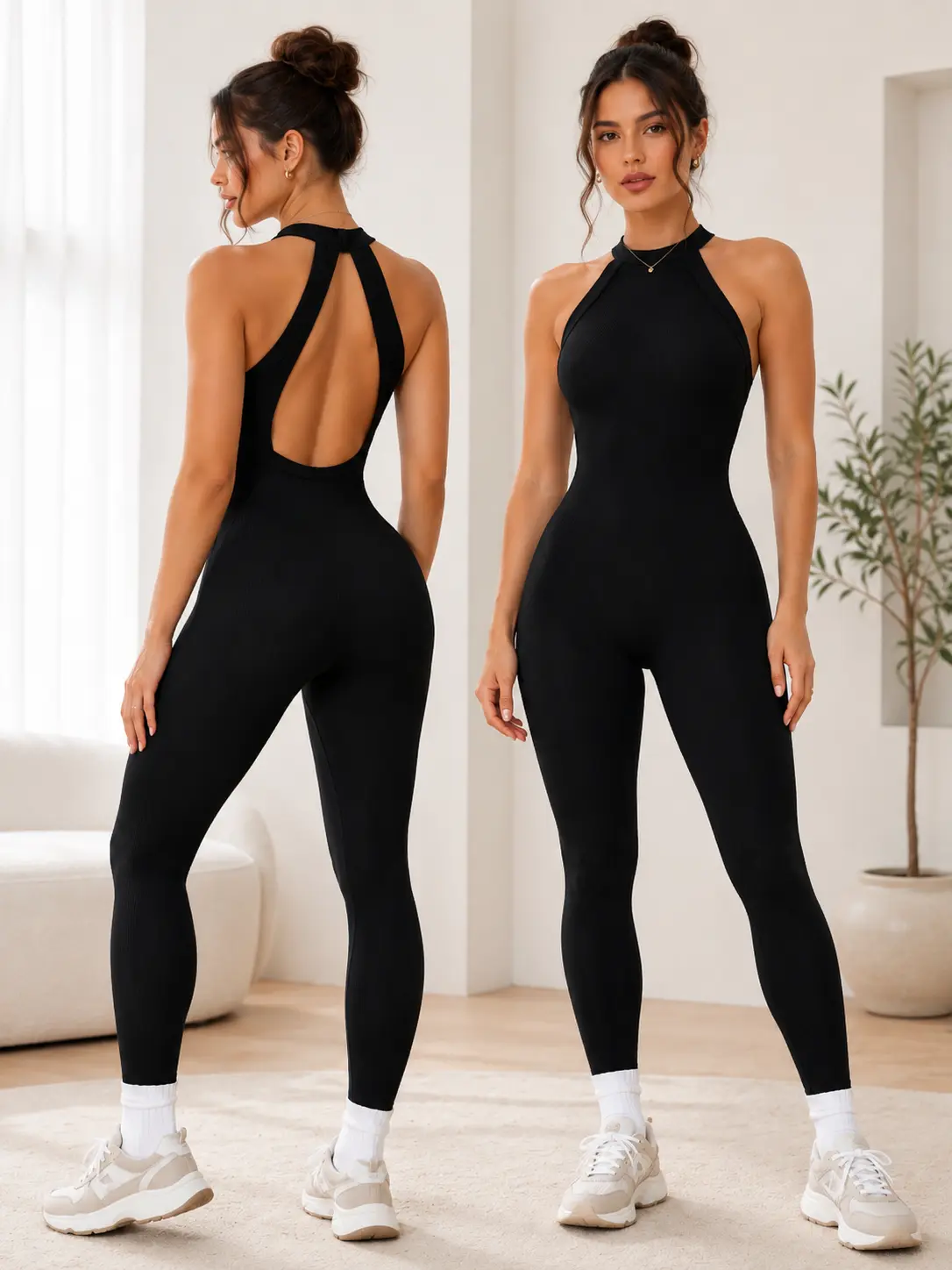 YMZFIT Women's Ribbed Knit Open-Back Bodysuit - Seamless, Sleeveless, Crew-Neck Cropped Elastane Jumpsuits, True-to-Size Workout Clothes for Yoga/Sports, Casual Wear, Gym, Workout Sets Women, Jumpsuits For Women, Polyester Blend