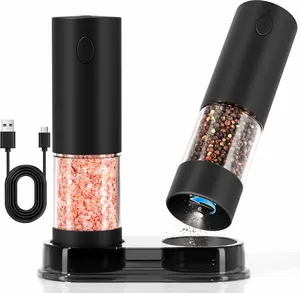 Electric Salt and Pepper Grinder Set, USB Rechargeable Automatic Pepper Mills and Salt Grinders with LED Light, Large 100Ml Capacity, Adjustable Coarseness, One-Hand Operation, Stable Base New England Stories