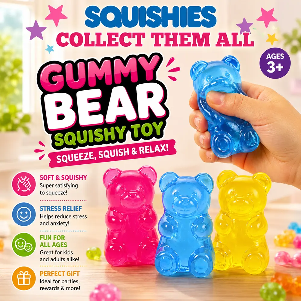 Gummy Bear Squishy Toy – Soft Jelly Bear Squeeze Fidget Toy, Sensory Stress Relief Gift for Kids & Adults