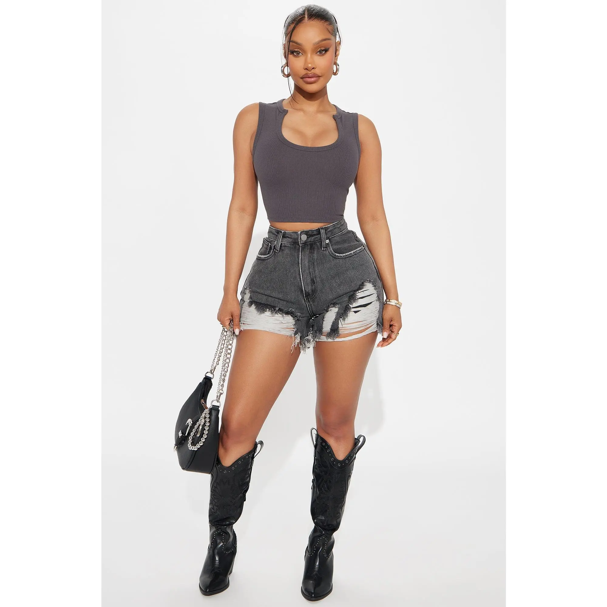 Indio Ripped High Rise Denim Shorts - Black Wash
