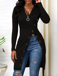 Women's V Neck Long Sleeve High Slit Ribbed Zipper T-Shirt, Womenswear Casual Fitted Style Top for Fall & Winter, Plain Pattern, No Ca Prop 65