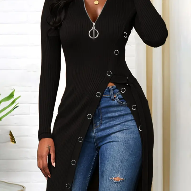 Women's V Neck Long Sleeve High Slit Ribbed Zipper Top, Womenswear, Casual Classy Elegant Fitted Style Top for Fall & Winter, Plain Pattern