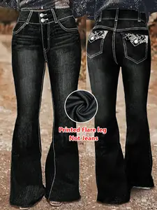 Women's Denim Print Flare Pants, Fashionable Long Jeans for Women, Casual High Waist Wide Leg Trousers, Stylish Ladies' Clothing, Fitted