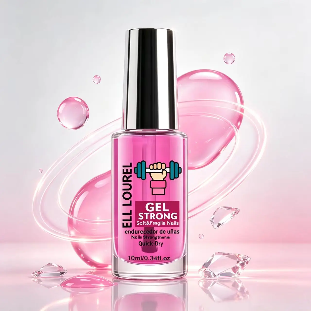 ELL LOUREL Gel Strong Quick Dry Pink Nail Strengthener, Gel-Effect Nail Hardener Treatment for Soft Fragile Split Nails, Long Lasting Gloss Daily Nail Care Varnish 10ml