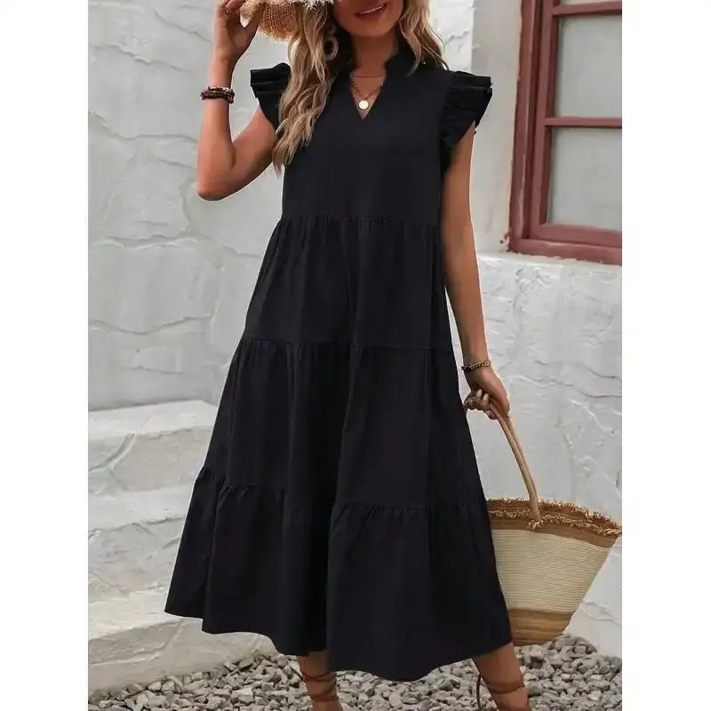 Women's Casual Cute Notched Neckline Ruffle Trim Smock Maxi Dress - Soft Fabric, Stylish Sleeves, Vacation Beach Outfits, Cap