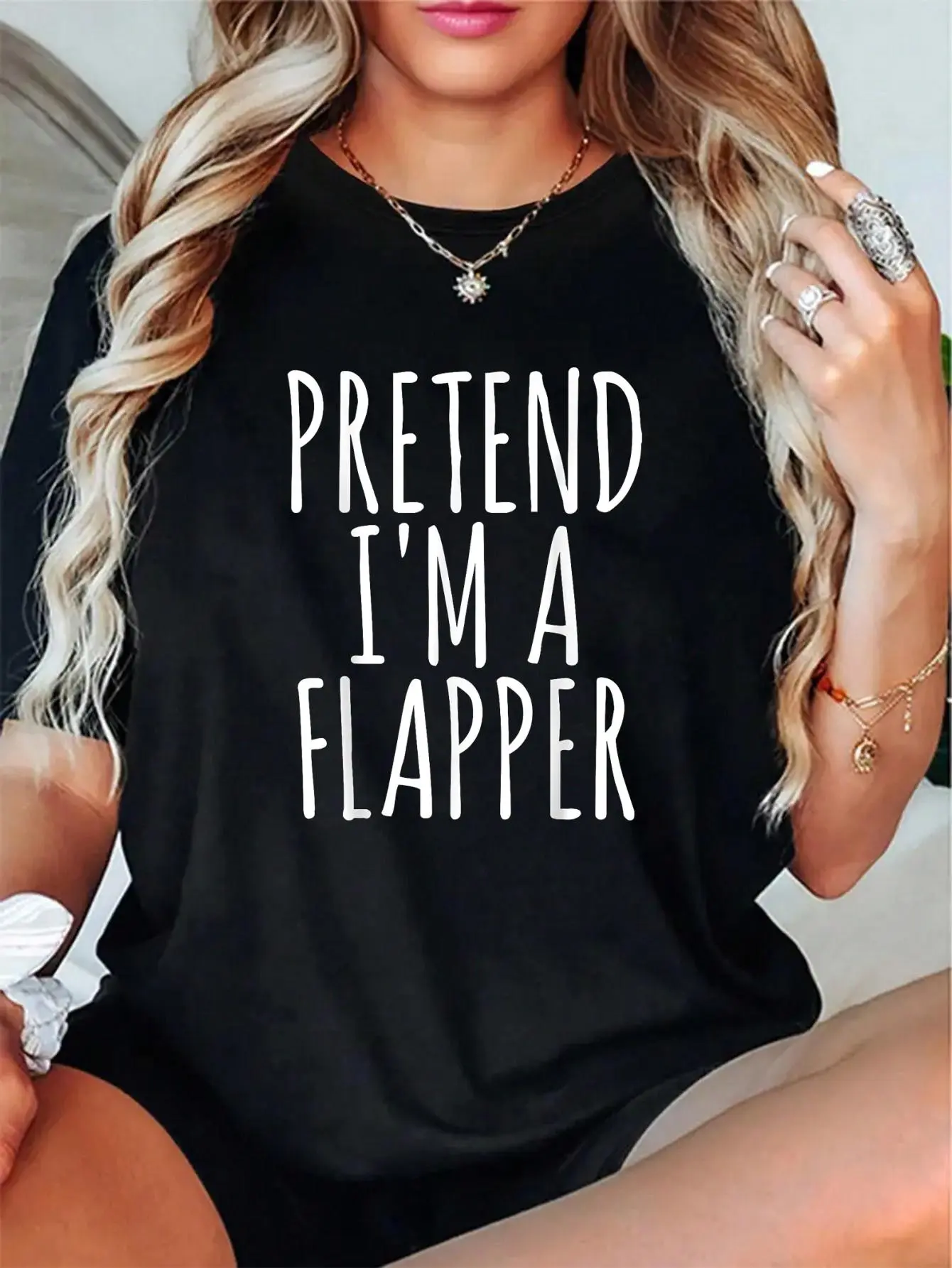100% Cotton Unisex  Funny Lazy Halloween Costume PRETEND I'M A FLAPPER Women Mom T-Shirt - Maple Leaf and Pumpkin Thanksgiving Print T-shirt, Autumn Halloween Women's Top