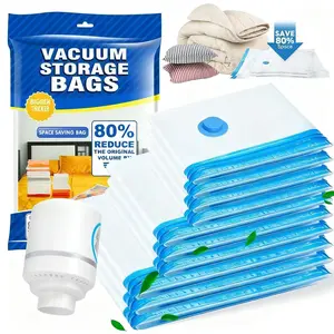 Travel Vacuum Storage Bag Set (12 Pack) – Space Saver Vacuum Seal Bags with Electric Pump, Portable Reusable Compression Bags for Clothes, Comforters & Blankets, Luggage Organizer, Home Storage & Travel Essentials waterproof transparent blue