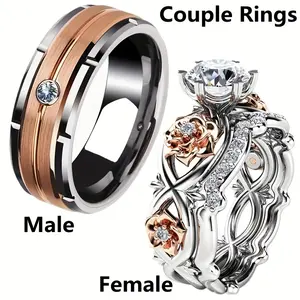 Romantic Wedding Rings for Couples Rose Design Engagement Promise Rings with Rose Gold Stripe & Central Diamond for Valentine's Day Wedding Anniversary or Valentine's Day Gift