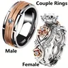 His and Hers Artificial Gemstone Ring Set - Rose Gold, Modern Rose Stripe, Romantic Rose Motif with Diamond Accents, Engagement Wedding Jewelry, Matching Bf and Gf Accessories for Adults