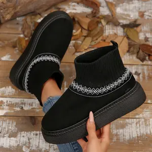 Winter Sock Boots for Women Knitted Cuff Platform Snow Boots Indoor Outdoor Shoes Warm Non-Slip Suede Ankle Boots