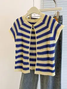 Ladies' Spring/Summer New Collection, Niche Design, French Elegant Casual Temperament, Striped Round Neck, Unique And Versatile, Slim And Delicate, Gentle, Suitable For Going Out, Dating, Commuting, Knitted Cardigan