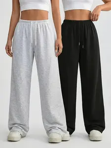 2-pack women’s casual loose sweatpants, 100% polyester, high-waisted with elastic drawstring, relaxed drape, straight cut, floor-length loungewear pants