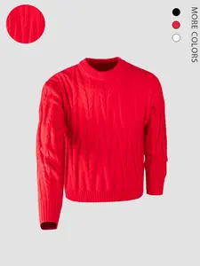 2025 Autumn Winter New Men's Striped Vintage Crewneck Jumper - Long Sleeve, Loose, Plain, Simple, Versatile, Soft Casual Polyester Knitwear, Classic Red, Beige Tops