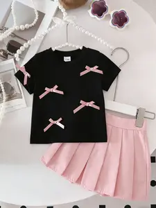 Baby Girl Two-Piece Set, 3D Bow Casual T-Shirt & Pleated Skirt, Outdoor Playwear, Sweet Cool Style, Cute Street Academy Look