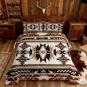 Aztec Print Kids Comforter Set,Western Cowboy Southwest Tribal Bedding Set,Boys Girls Adults Room Decor,Abstract Geometric Patchwork Qulit Set,Brown Retro Duvet Insert