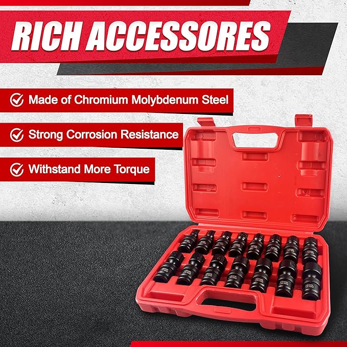 15PCS 3/8" Drive Shallow Universal Impact Socket Set,Swivel Socket Set,Metric Flexible Wobble Sockets, CR-MO,8-22mm, 6 Point