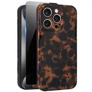 Cute Phone Case for iPhone 15 Pro Max Case, [with 1X Privacy Screen Protector] Tortoise Shell Pattern Leopard Full Camera Protective Slim Shockproof Cool Trendy Aesthetic