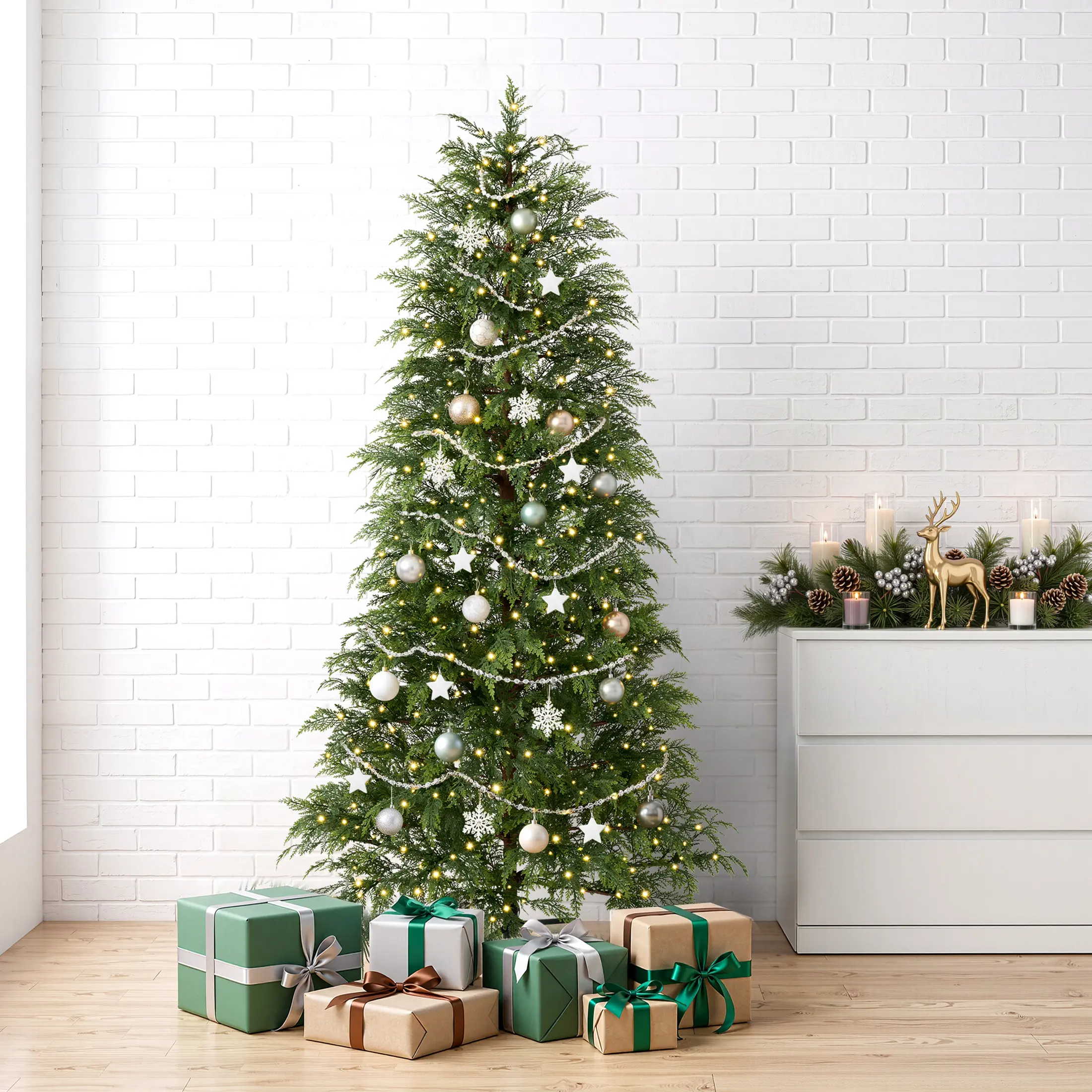 DR.Planzen 89" Pre-Lit Green Cypress Artificial Christmas Tree with 500 Warm White Twinkle LED Lights, Full-Bodied Xmas Tree with Metal Stand, Indoor Holiday Decoration