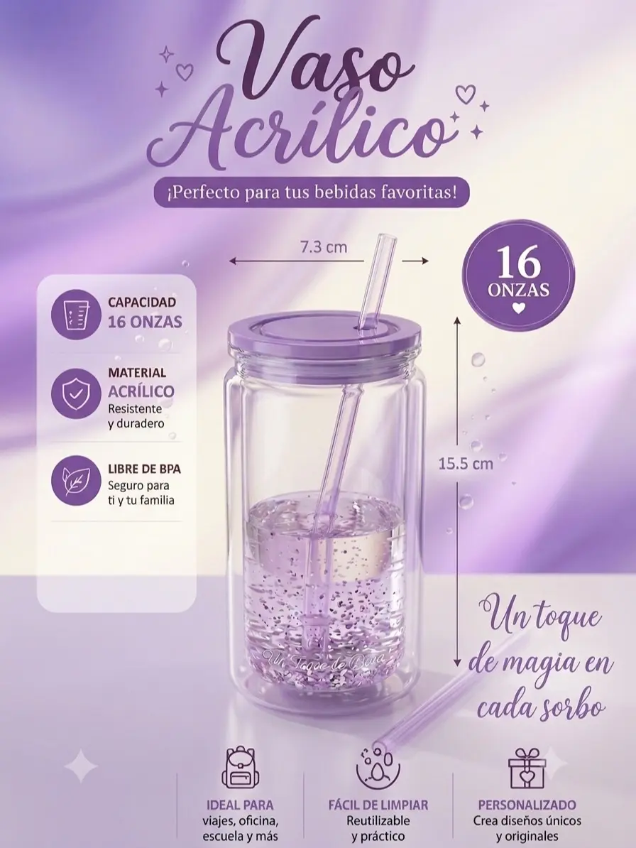 Vaso Personalizado Estilo Snow Globe de 16 oz con Glitter". Reusable.  Personalizado a su gusto.