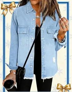 Necooer Women's Distressed Denim Jacket Multi Color Dark Light Blue Soft Fabric Winter Layering TikTok Trendy Holiday Party Casual Wear Gift For Her 2025 Flattering Oversized Shacket Outfit Vintage Chic Coats Girl Outerwear fashion  deals  tiktok  shop  h